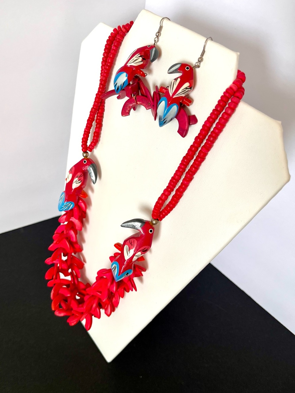 Vintage Handmade Bright Pink Wooden Parrot Necklace & Earring Set, Lightweight